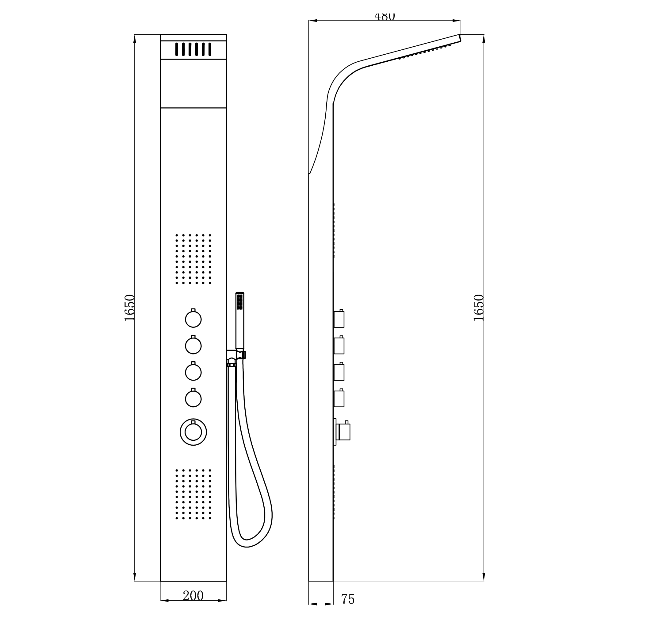 Huron thermostatische douchekolom 165x20 cm RVS maattekening – 20 × 165 cm | Dealplein