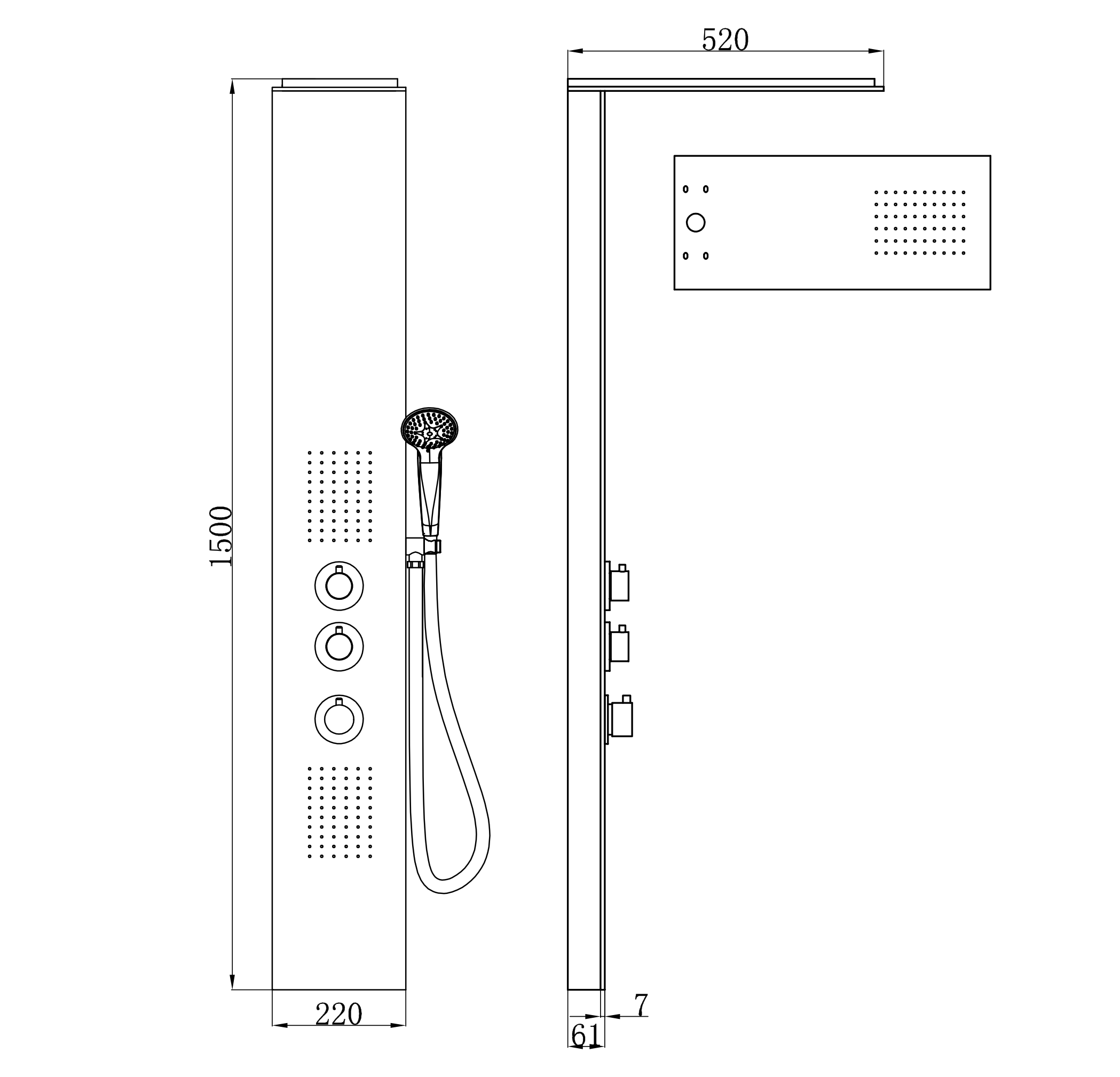 Ontario thermostatische douchekolom 150x22 cm RVS maattekening – 22 × 150 cm | Dealplein