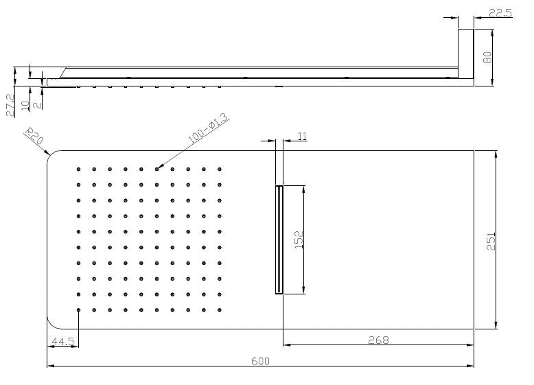 Maattekening Wandhoofddouche met waterval vierkant 600 x 25 mm chroom
