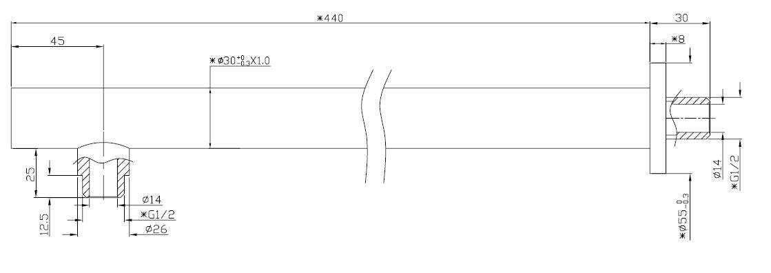 UniMatch douchearm recht met muurbevestiging 45 cm chroom maattekening – 45 cm | Dealplein