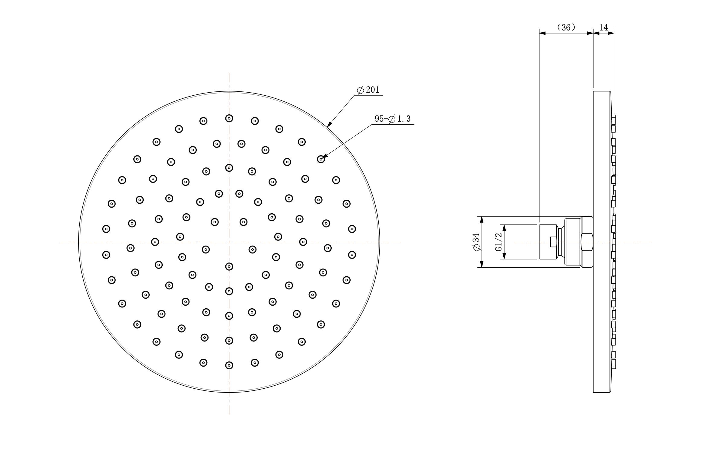 Maattekening Wiesbaden UniMatch hoofddouche rond 20 x 1,2 cm chroom