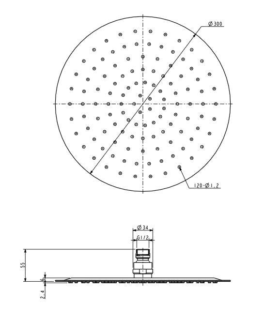 Maattekening Ufo hoofddouche rond 30 cm chroom
