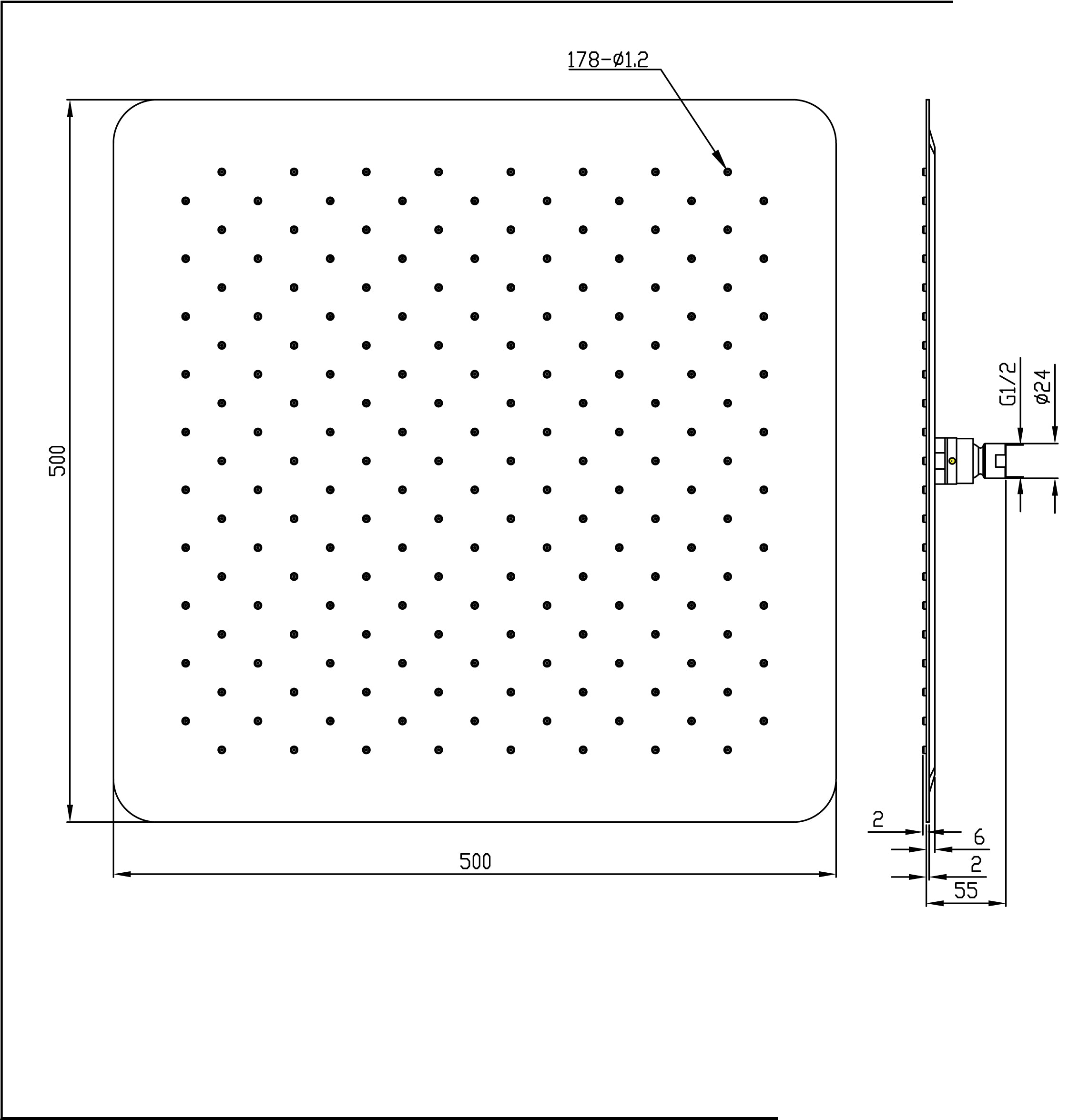 Ufo hoofddouche vierkant 50 cm chroom - maattekening