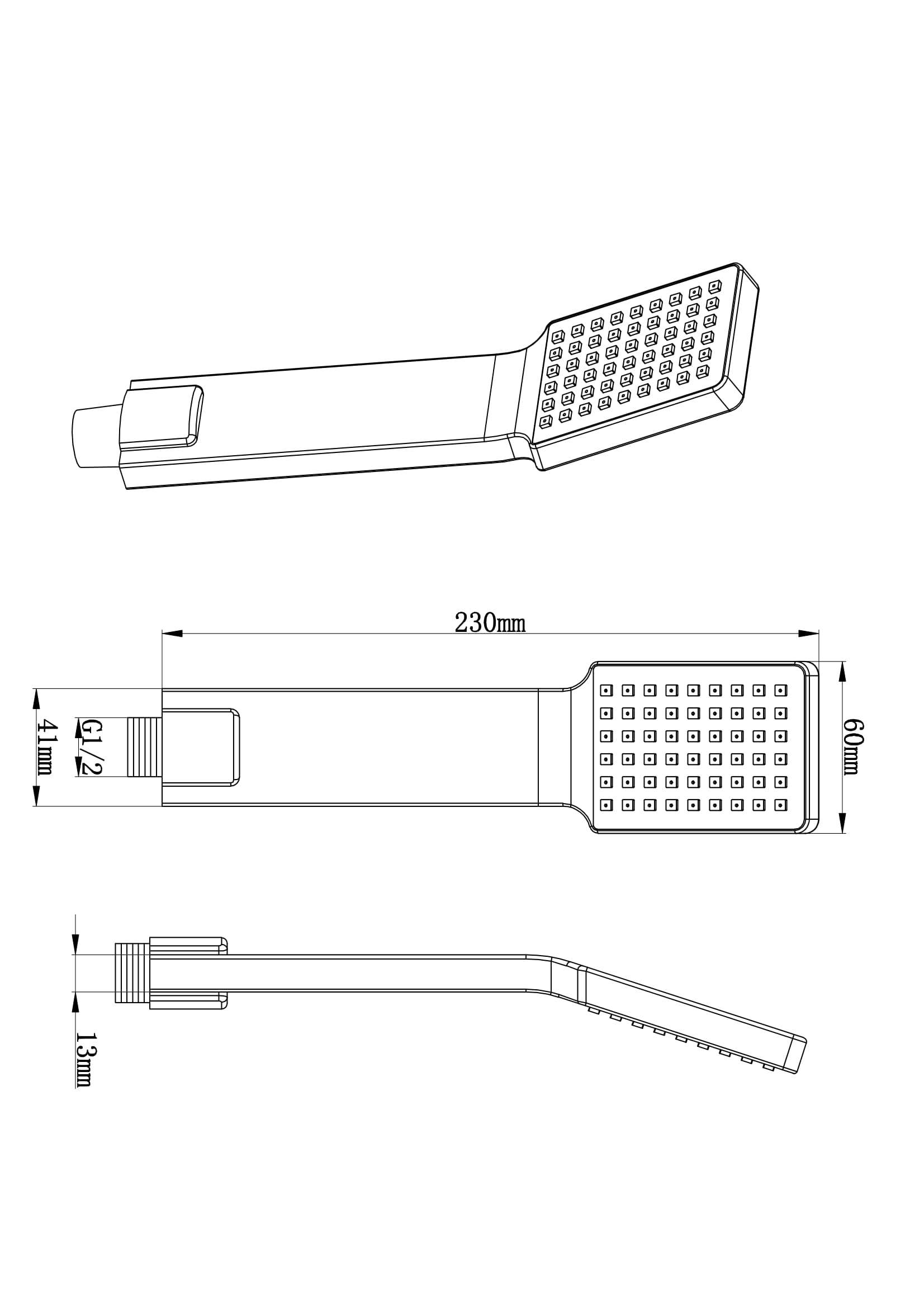 Handdouche vierkant/plat 1/2'' chroom maattekening – afmetingen volgens maattekening | Dealplein