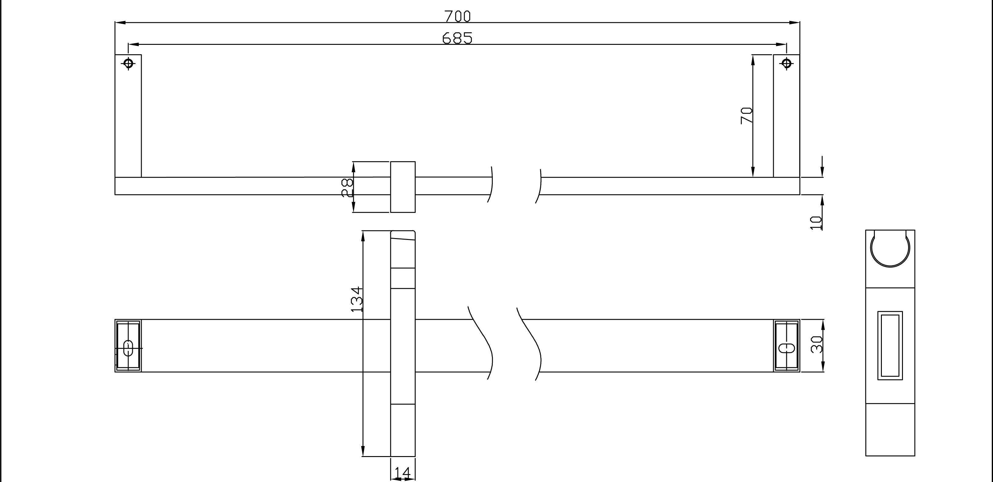 Maattekening Glijstang vierkant 70 cm chroom
