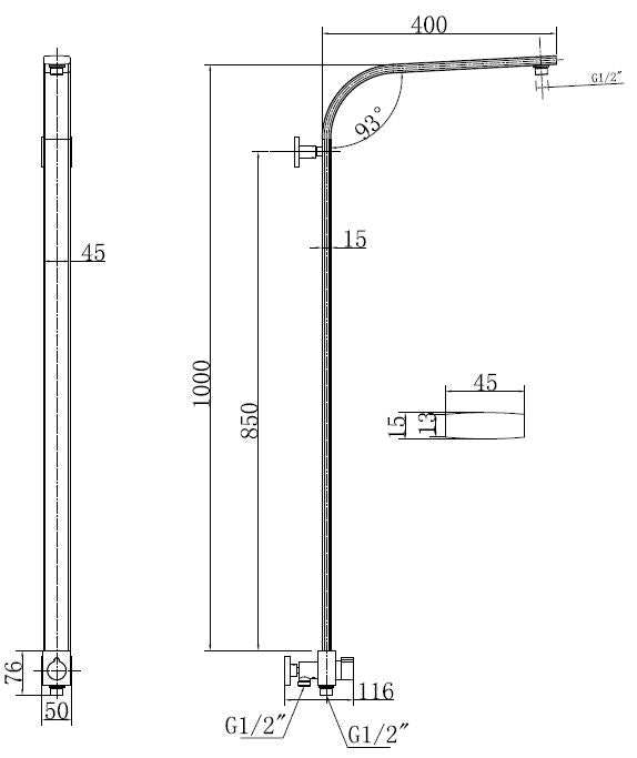 Maattekening Douchestang met omstelknop 45x1000 mm chroom