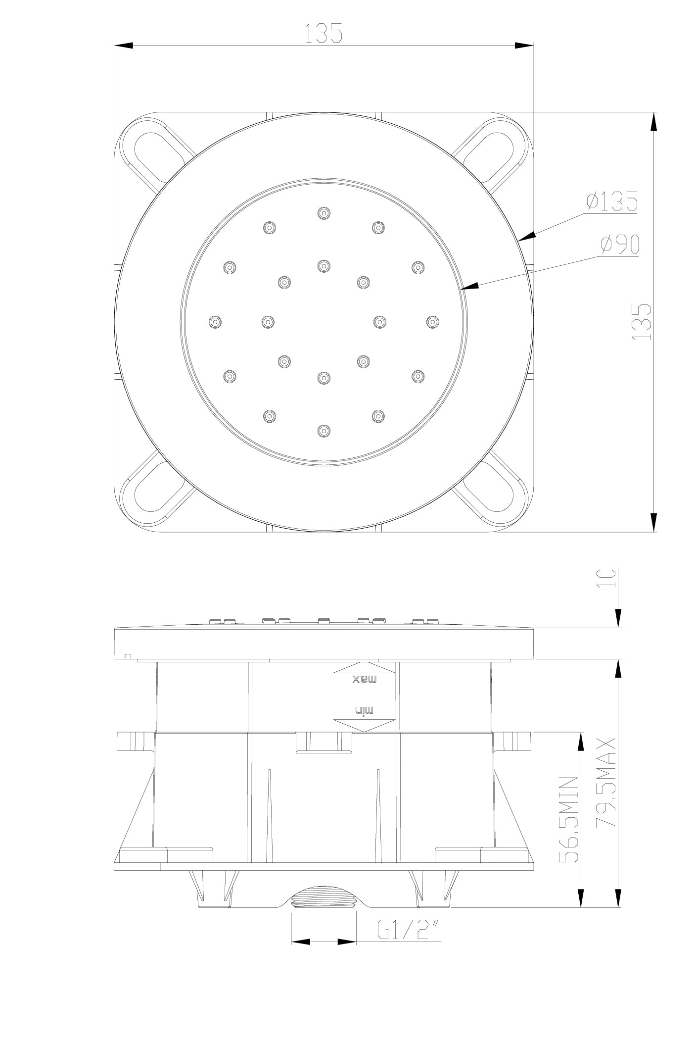 Maattekening Zijdouche verstelbaar inbouw rond 13,5 cm chroom