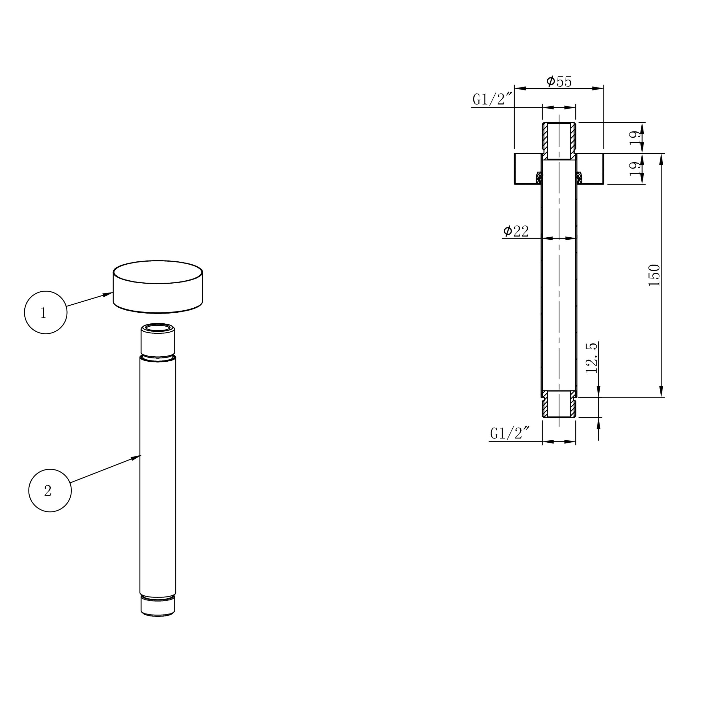 Maattekening Wiesbaden UniMatch douchearm met plafondbevestiging 15 cm geborsteld staal PVD