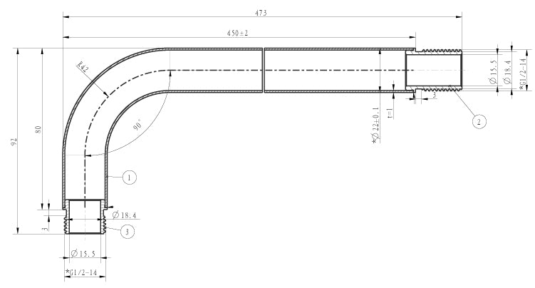 UniMatch douchearm met muurbevestiging 45 cm chroom maattekening – 45 cm | Dealplein