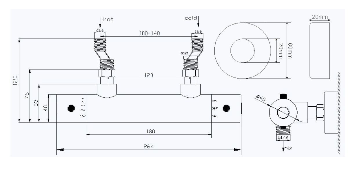 Rio thermostatische douchemengkraan 12 cm chroom maattekening – afmetingen volgens maattekening | Dealplein