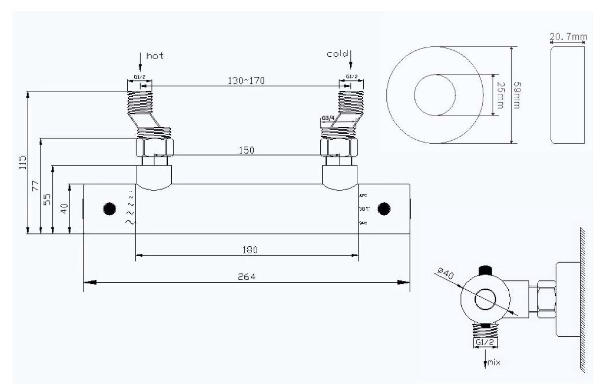 Maattekening Rio thermostatische douchemengkraan 15 cm chroom