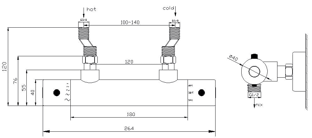 Maattekening Rio thermostatische douchemengkraan 12 cm geborsteld staal