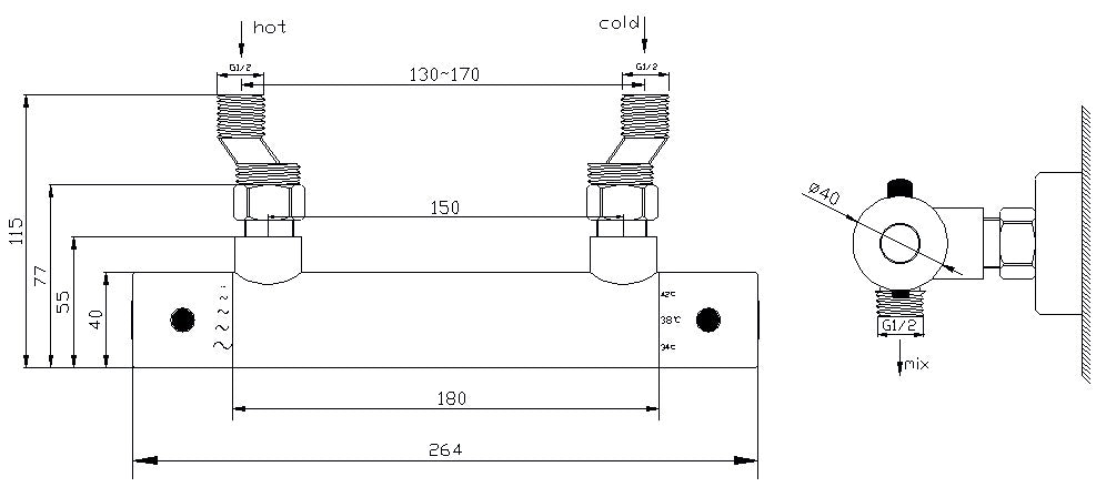 Maattekening Rio thermostatische douchemengkraan 15 cm geborsteld staal