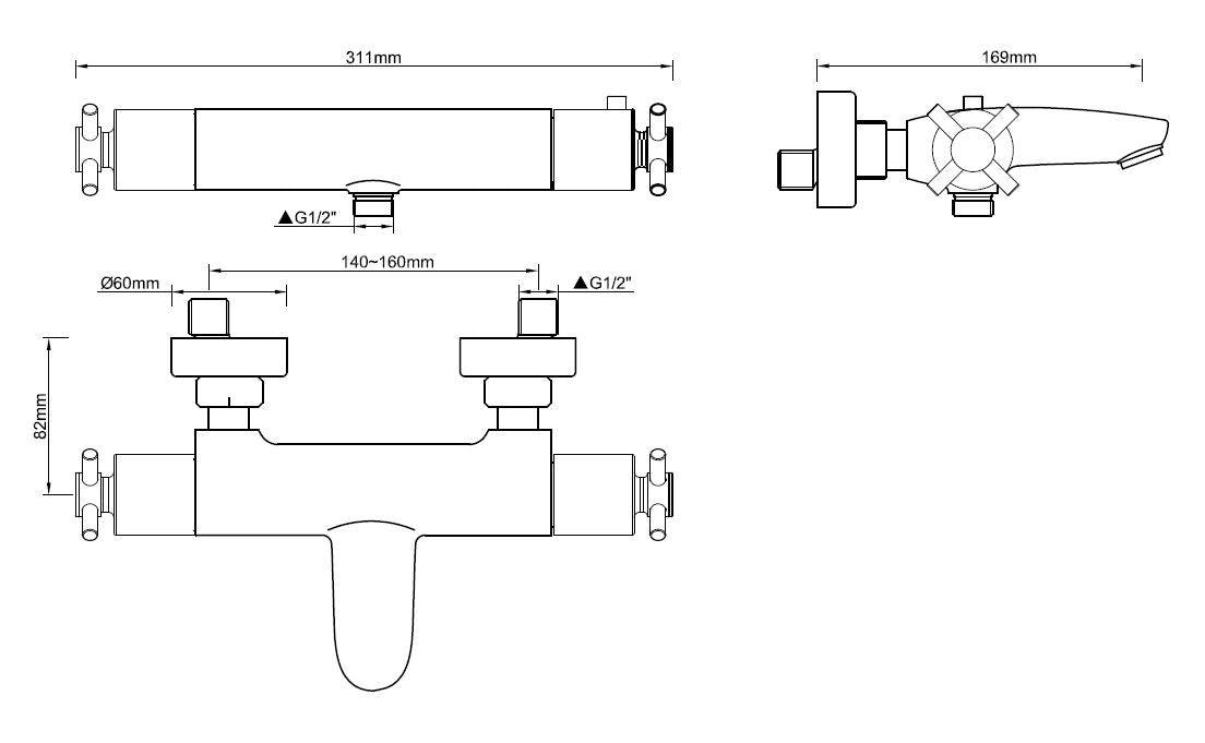 Maattekening Cross thermostatische badmengkraan chroom