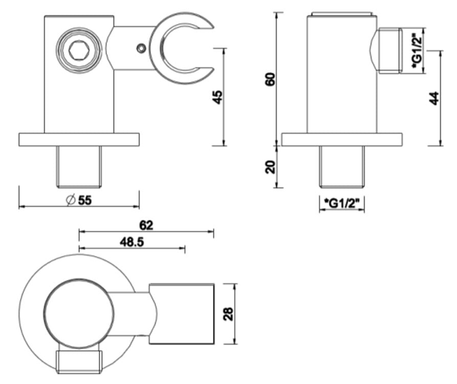 Maattekening Wiesbaden UniMatch wandaansluitbocht met kantelbare handdouchehouder rond 1/2" chroom