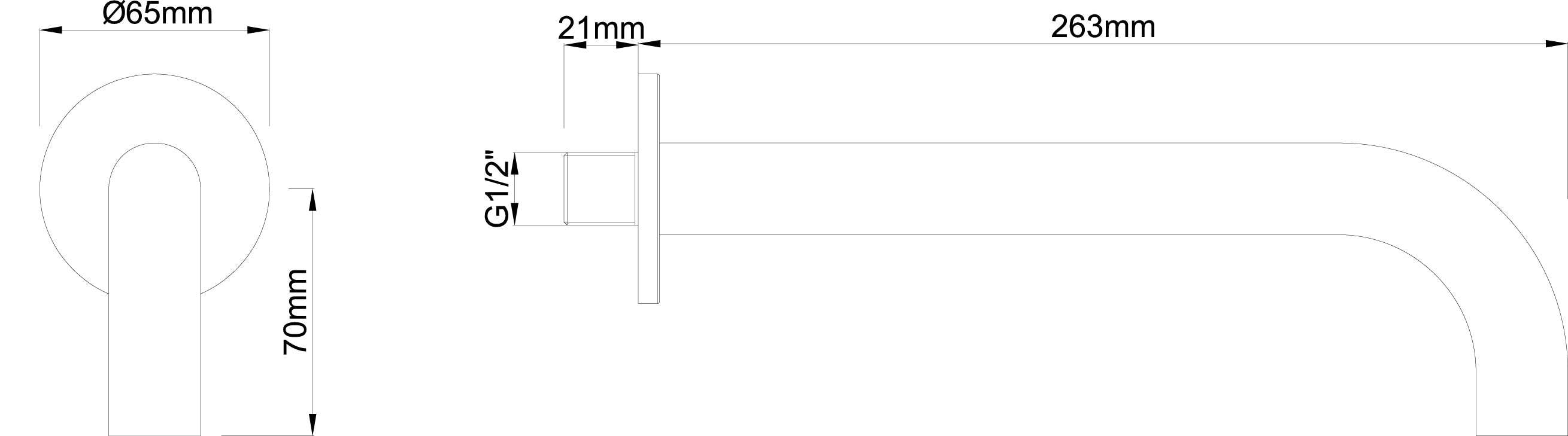 Caral baduitloop rond 25 cm 1/2'' geborsteld staal PVD maattekening – afmetingen volgens maattekening | Dealplein