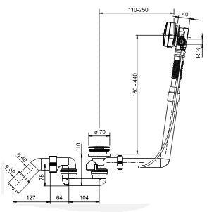 Maattekening Wiesbaden Badafvoer en overloopcombinatie met vulfunctie en pop-up waste chroom