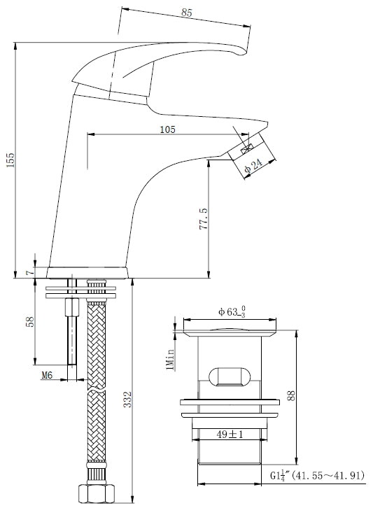 Athos wastafelkraan met clickwaste chroom maattekening – afmetingen volgens maattekening | Dealplein