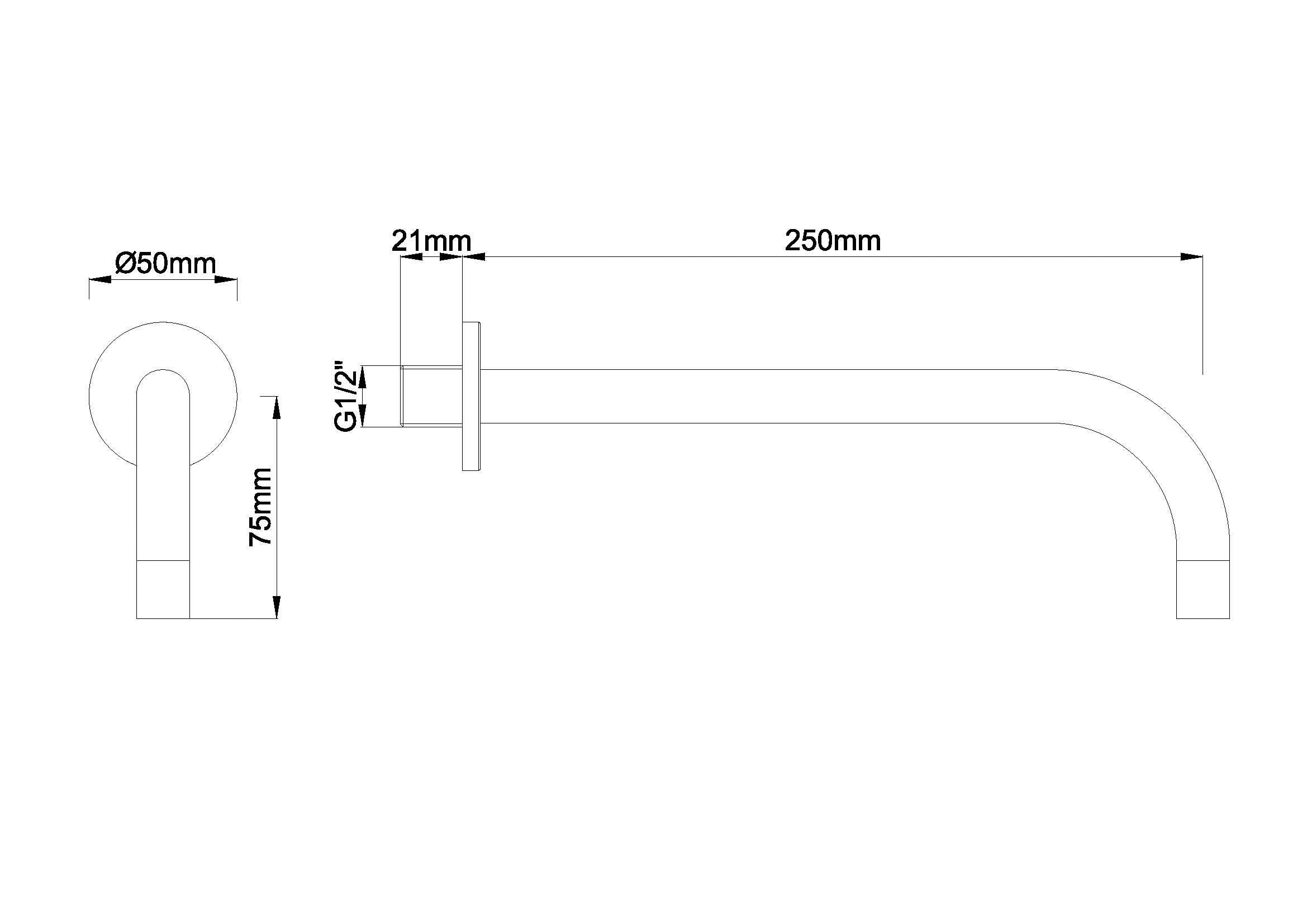 Maattekening Wiesbaden Slim 18mm uitloop rond 25cm 1/2" chroom