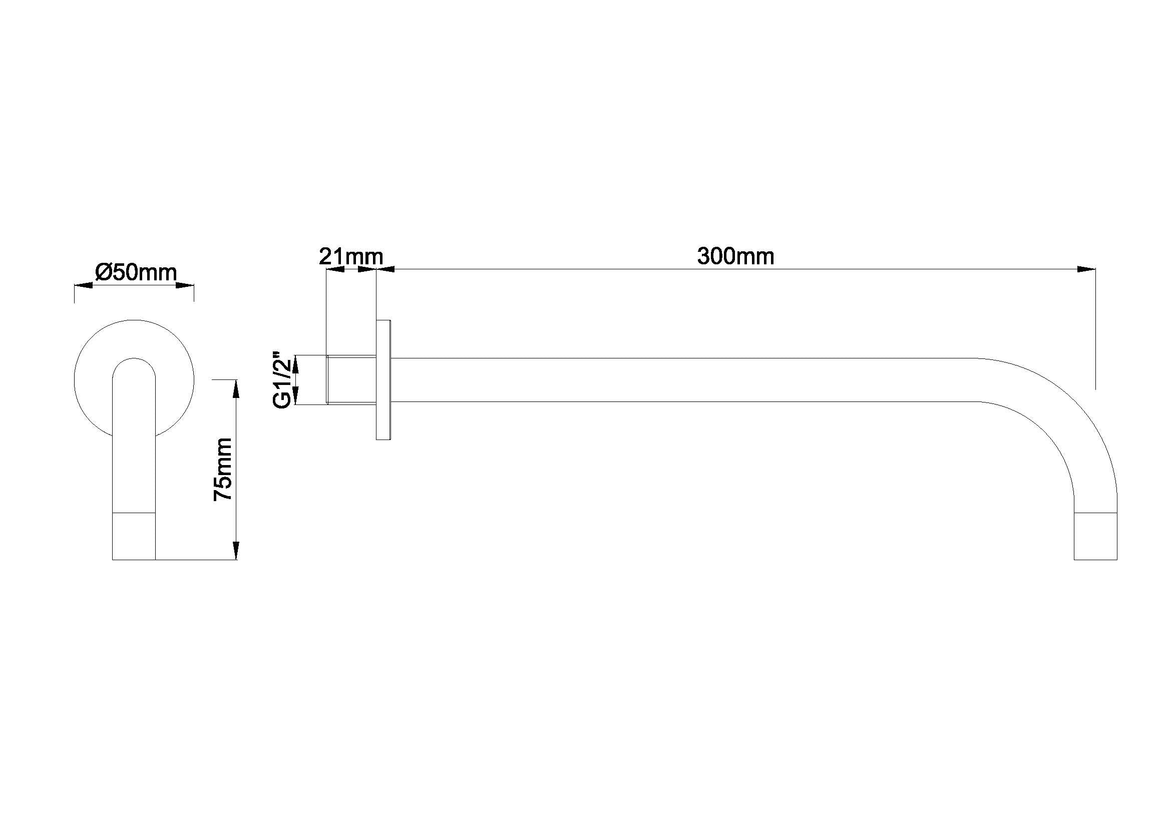Slim 18mm uitloop rond 30cm 1/2" geborsteld staal PVD maattekening – afmetingen volgens maattekening | Dealplein