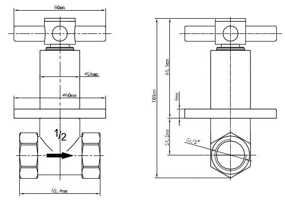 Maattekening Cross stopkraan inbouw 1/2'' chroom