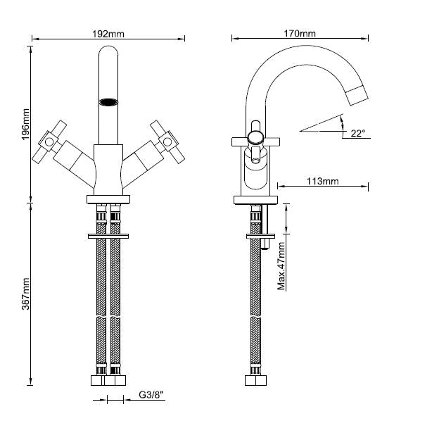 Cross wastafelkraan chroom maattekening – afmetingen volgens maattekening | Dealplein