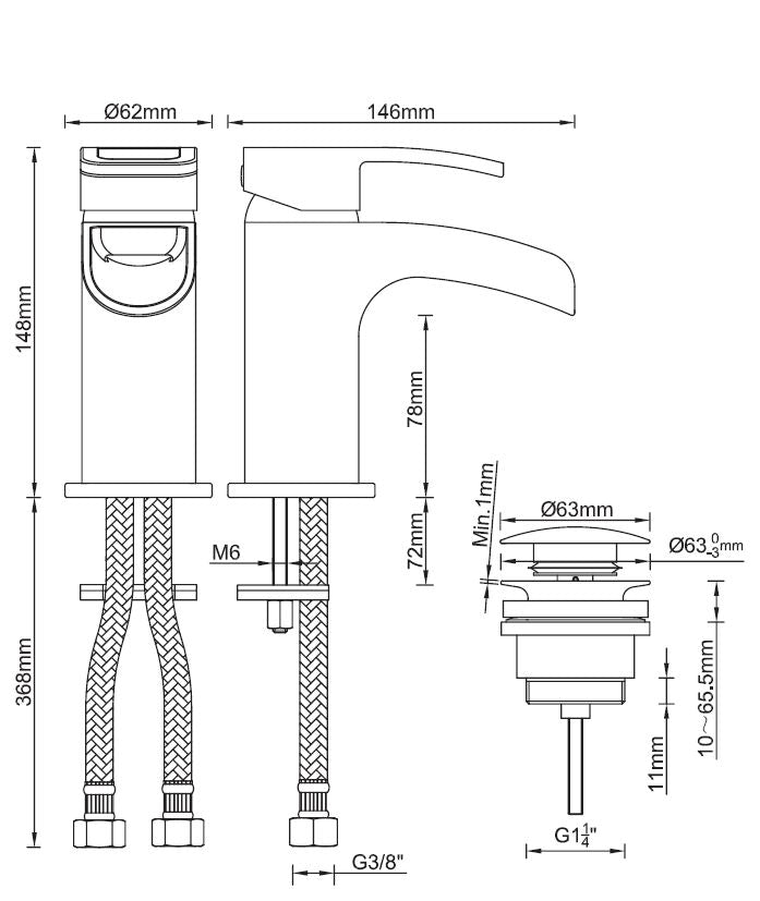 Maattekening Alegra wastafelkraan waterval met clickwaste chroom