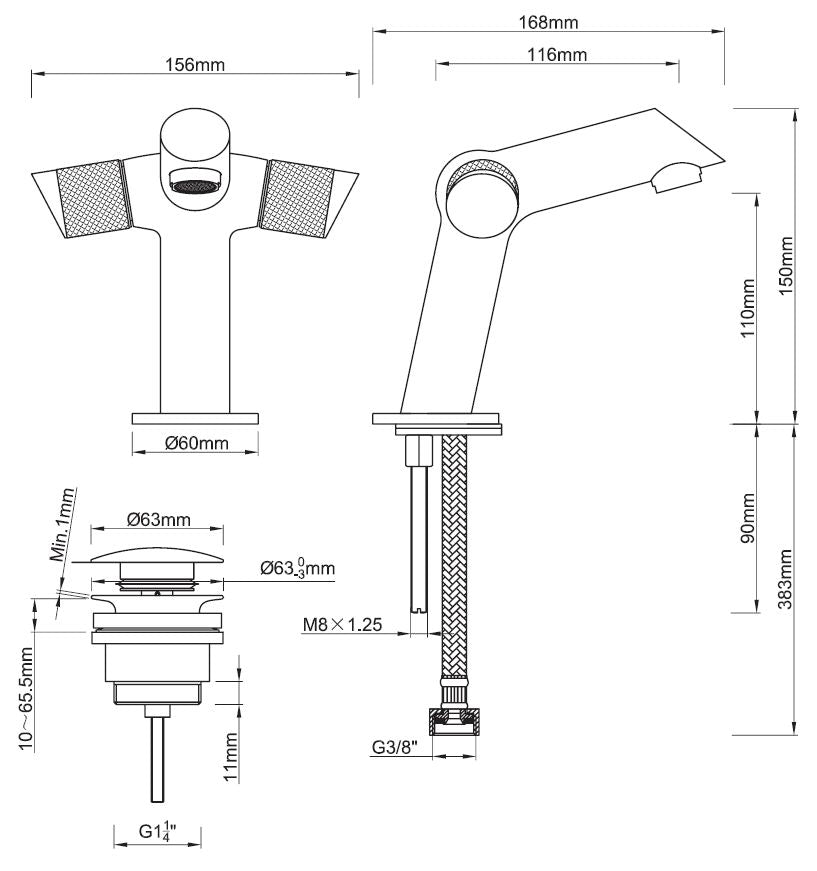 Maattekening Concorde wastafelkraan met clickwaste chroom