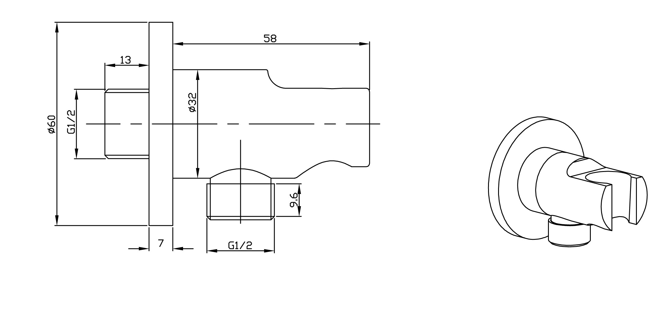 UniMatch wandaansluitbocht met handdouchehouder rond 1/2" geborsteld staal PVD maattekening – afmetingen volgens maattekening | Dealplein