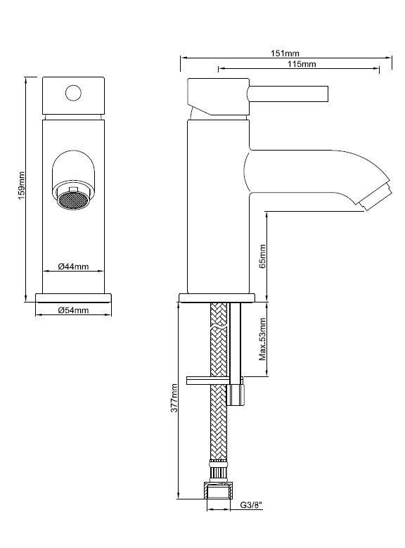 Maattekening Wiesbaden Caral Cadans wastafelkraan laag geborsteld messing PVD