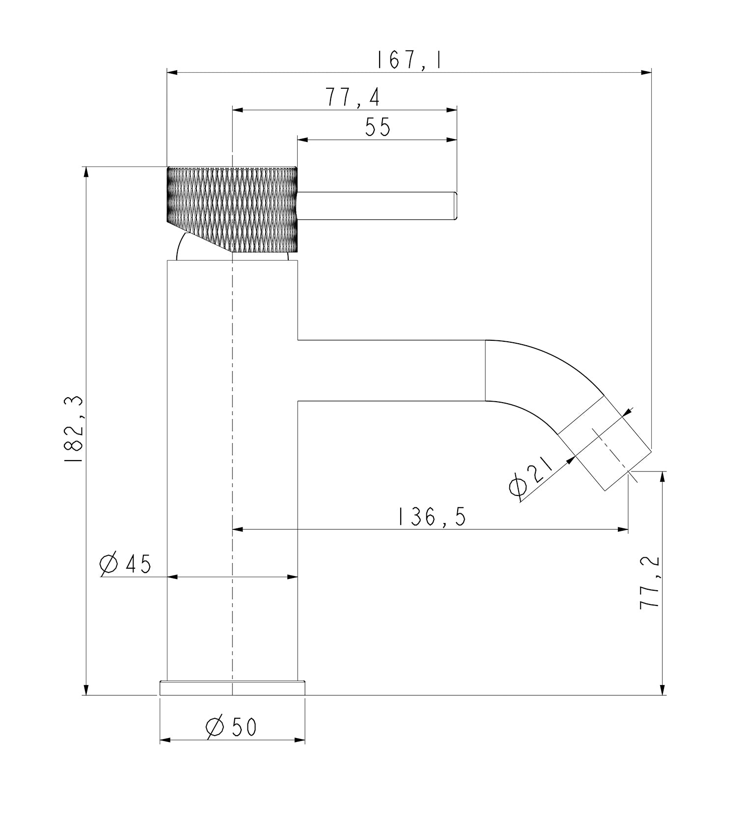 Ribbd wastafelkraan met coldstart gunmetal PVD maattekening – afmetingen volgens maattekening | Dealplein