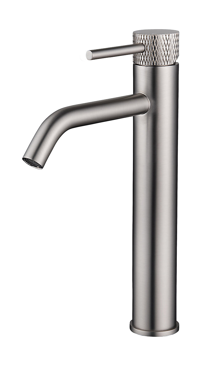 Wiesbaden Ribbd XL wastafelkraan hoog met coldstart geborsteld staal PVD