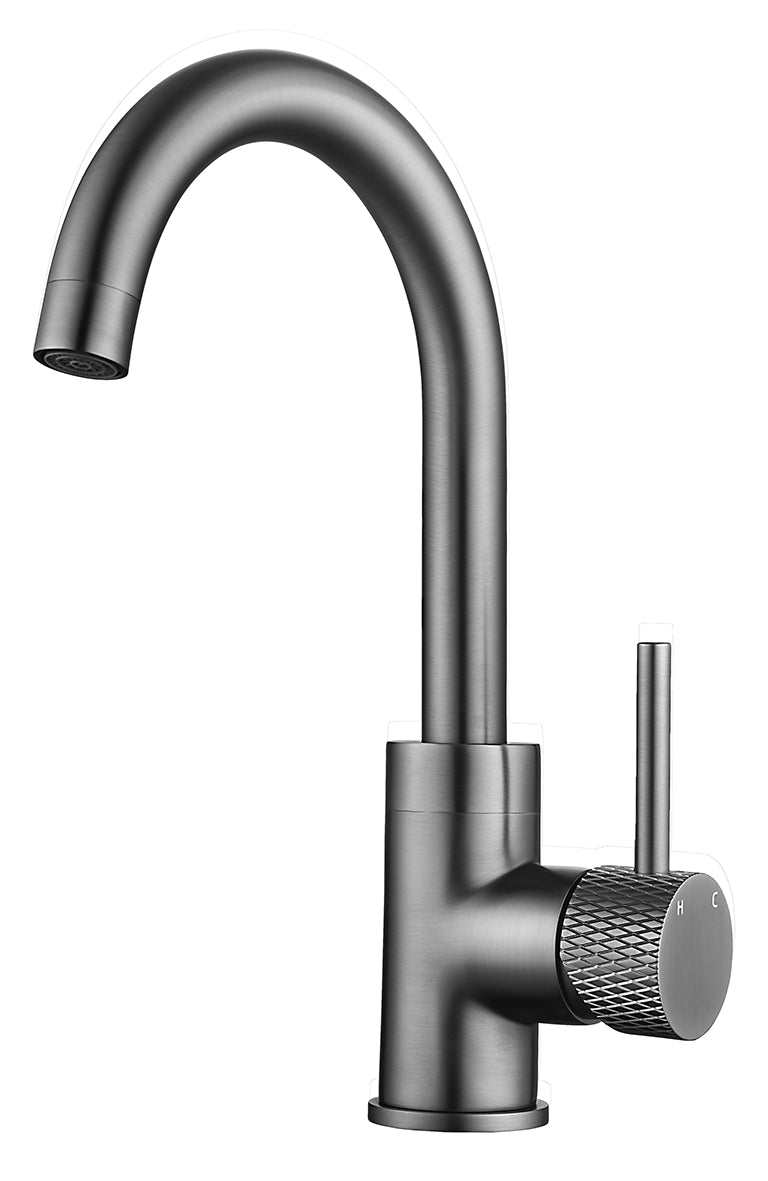Wiesbaden Ribbd wastafelkraan met draaibare uitloop en coldstart gunmetal PVD