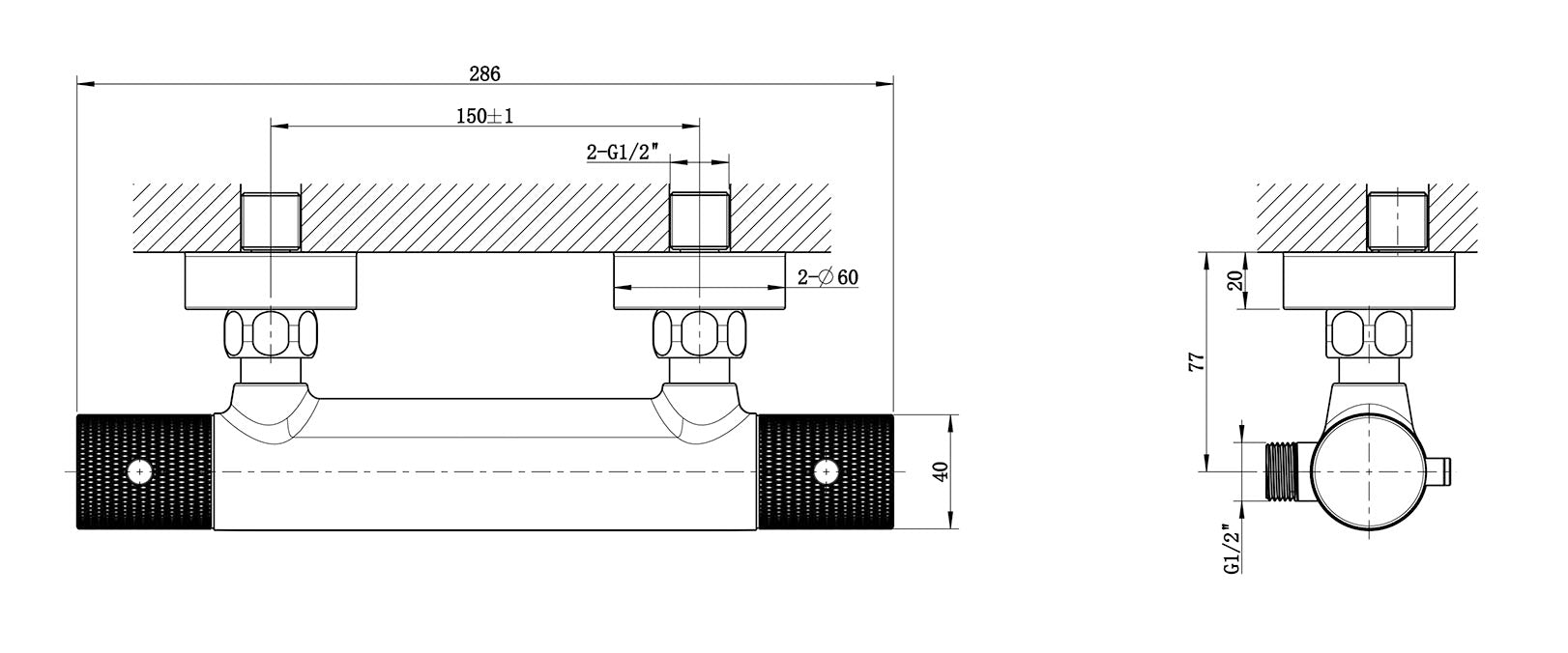 Ribbd thermostatische douchemengkraan hartafstand 15 cm chroom maattekening – afmetingen volgens maattekening | Dealplein