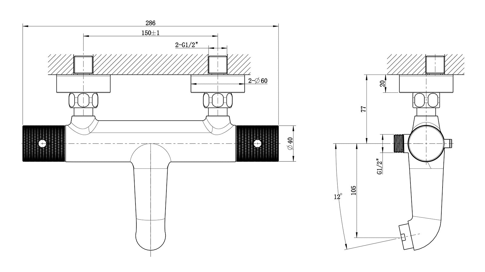 Ribbd thermostatische badmengkraan hartafstand 15 cm gunmetal PVD maattekening – afmetingen volgens maattekening | Dealplein