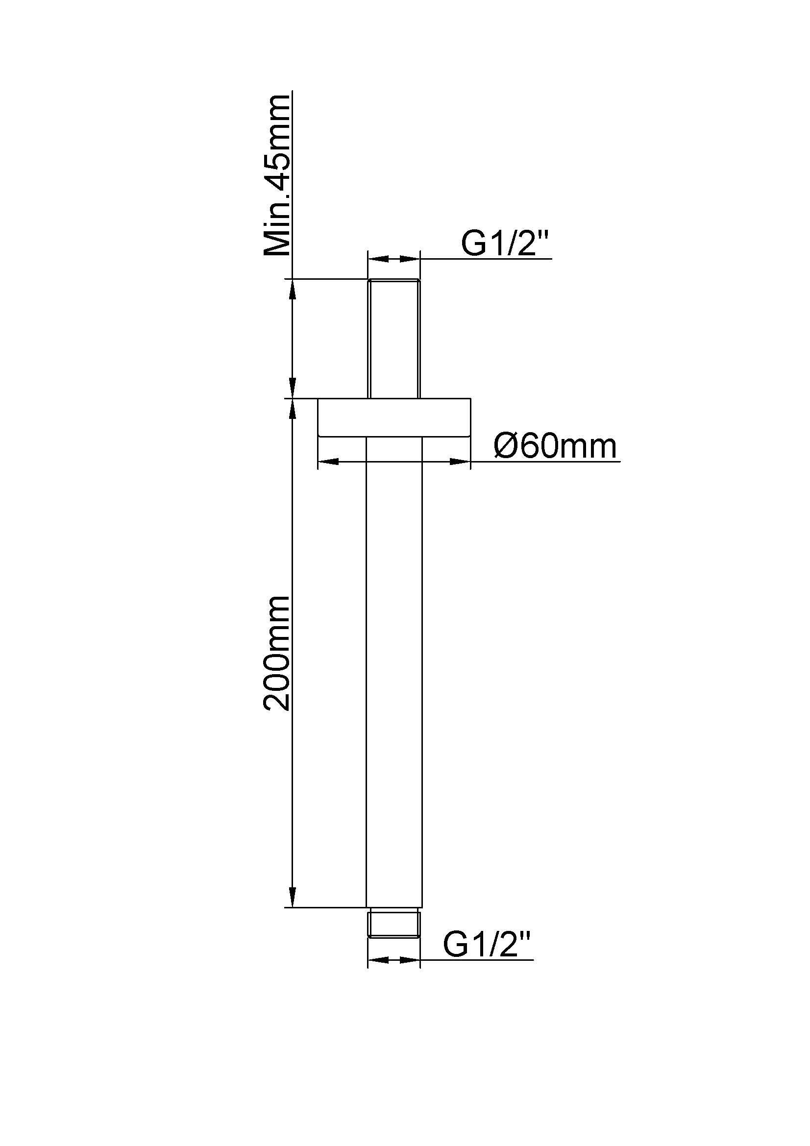 Maattekening Wiesbaden UniMatch douchearm met plafondbevestiging 20 cm geborsteld messing PVD