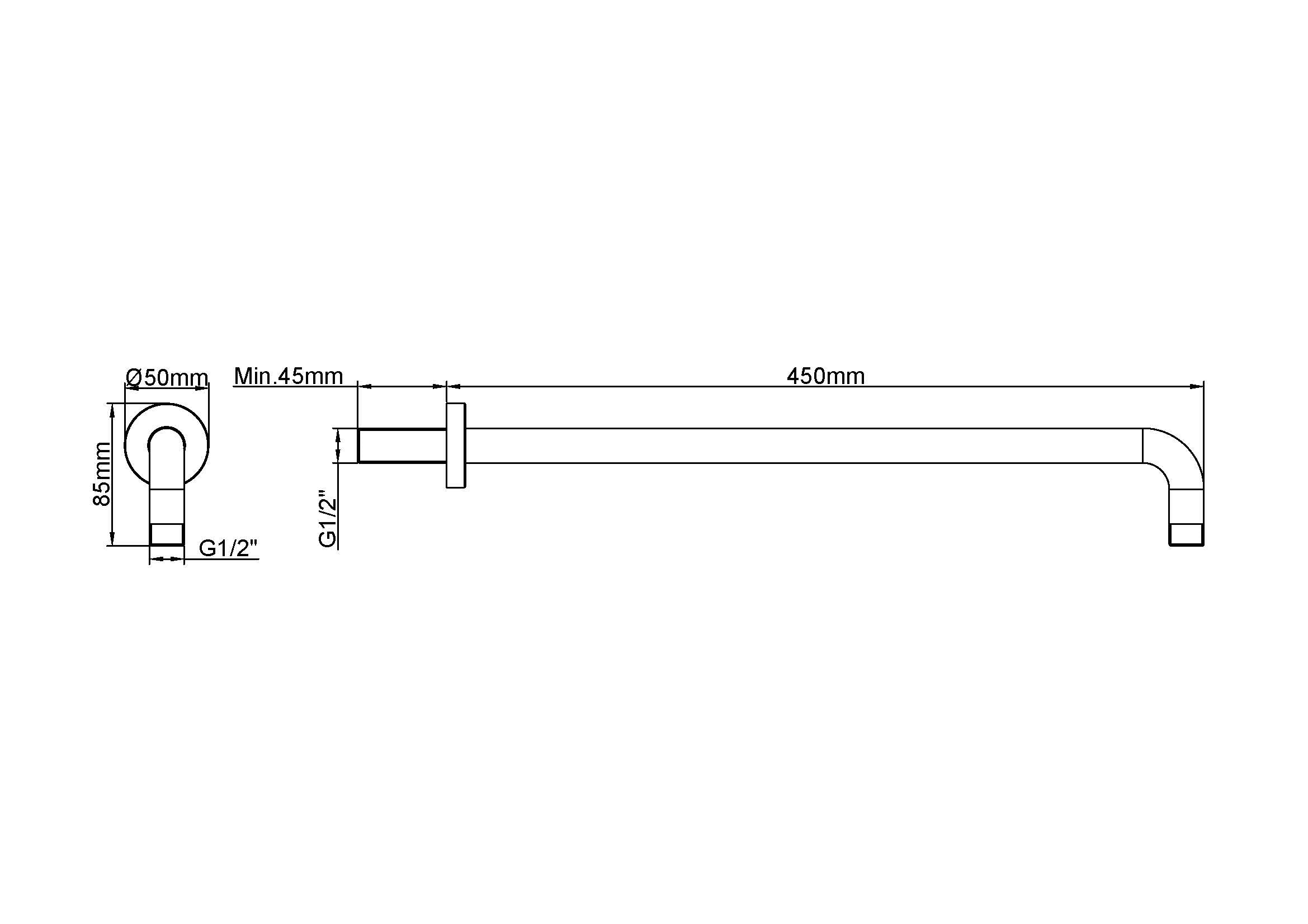 UniMatch douchearm met muurbevestiging 45 cm geborsteld messing PVD maattekening – 45 cm | Dealplein