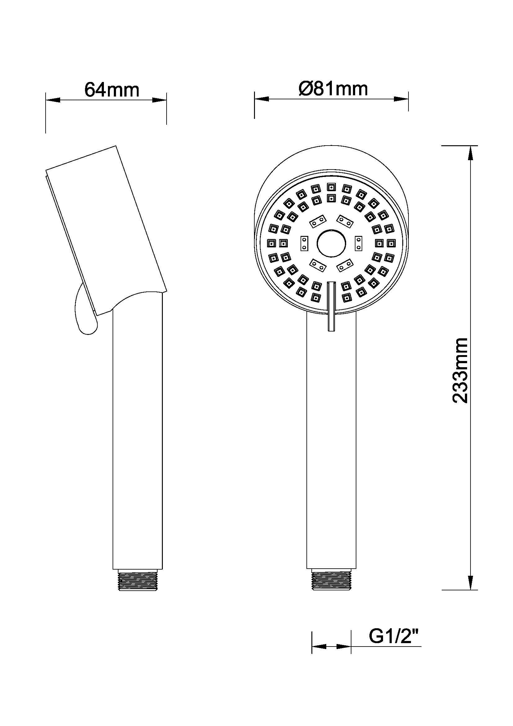 Maattekening Wiesbaden UniMatch Cadans handdouche 3 standen Ø 8 cm geborsteld messing PVD