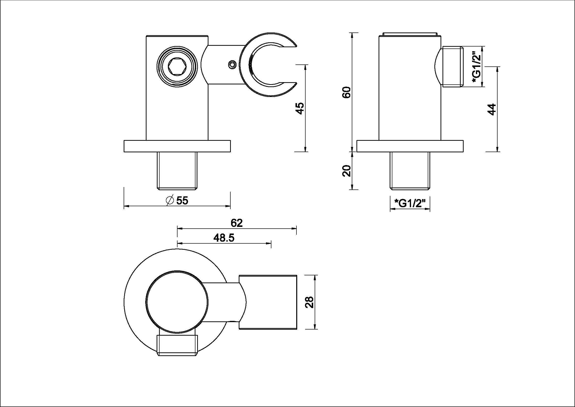 UniMatch wandaansluitbocht met kantelbare handdouchehouder rond 1/2" geborsteld messing PVD maattekening – afmetingen volgens maattekening | Dealplein