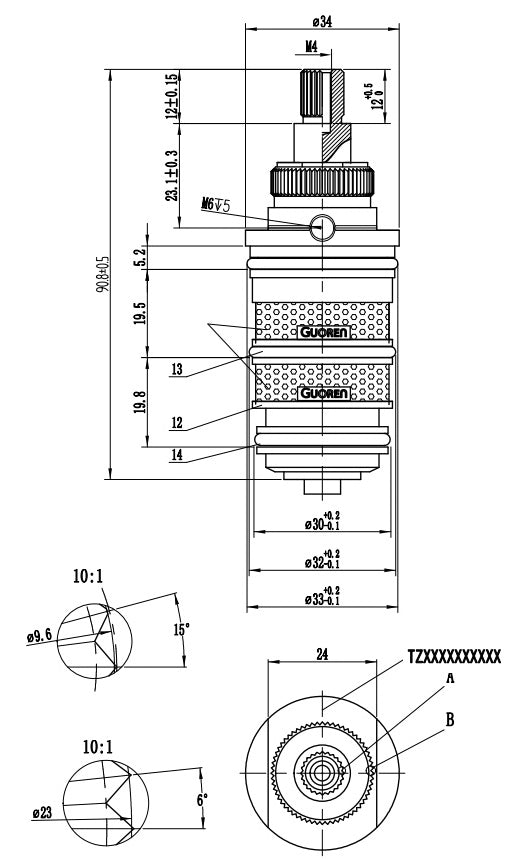 Maattekening Thermostatisch binnenwerk voor Huron douchekolom