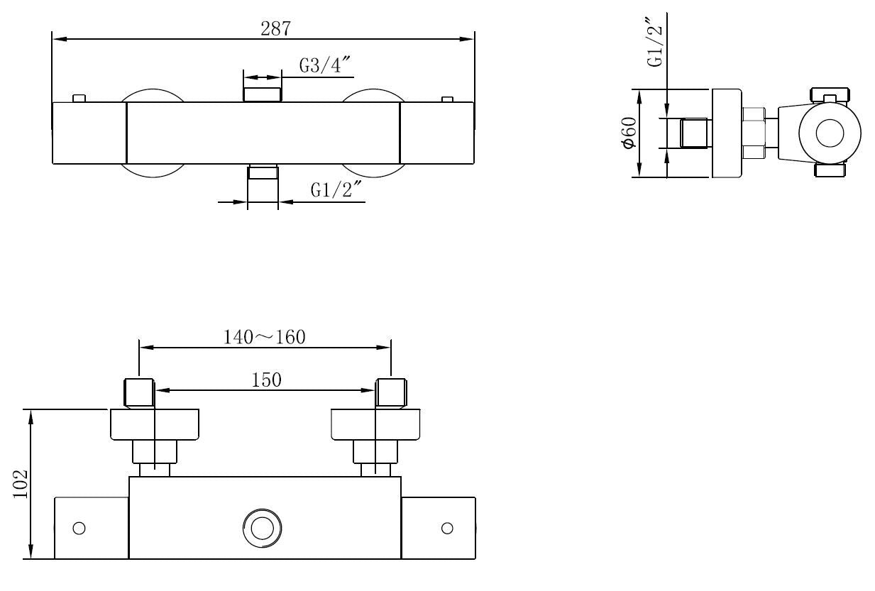 Maattekening Wiesbaden Caral thermostaatkraan voor thermostatische regendoucheset opbouw chroom