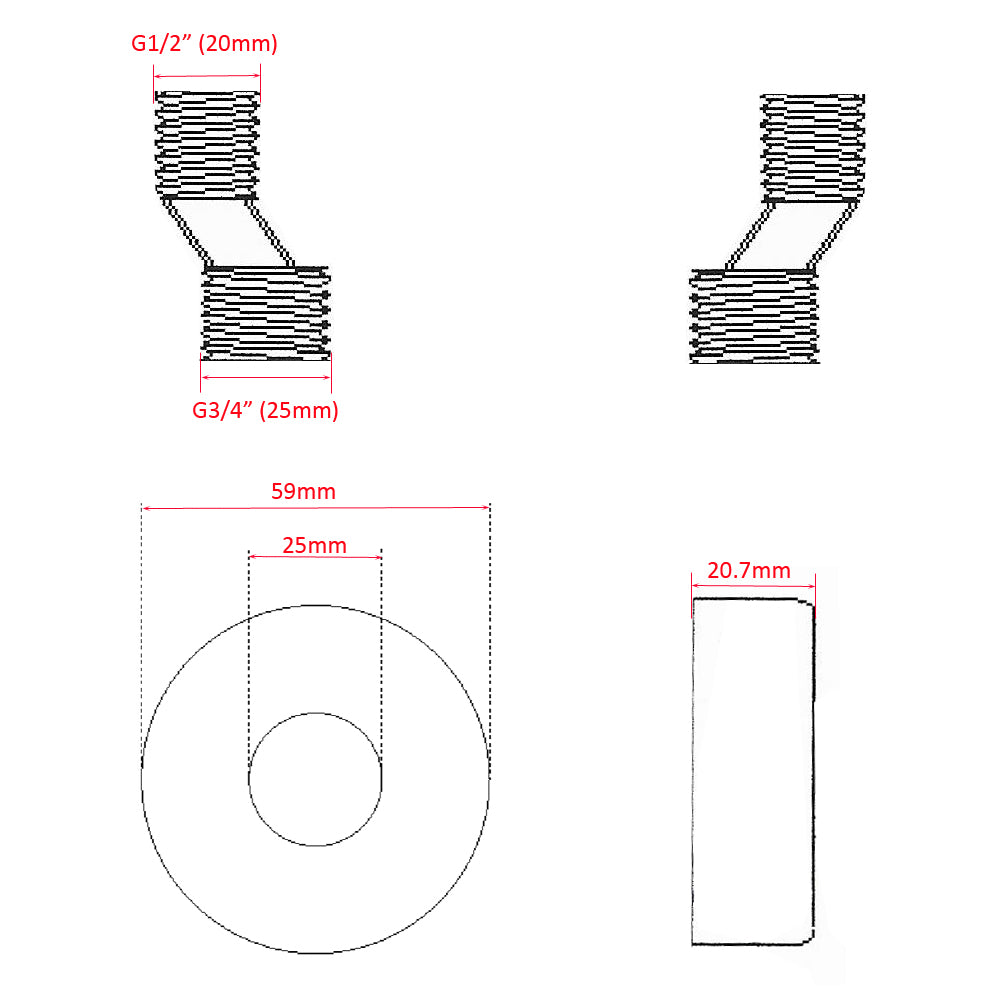 Maattekening Rio set s-koppelingen met rozet voor kraan 15 cm 1/2" x 3/4" chroom