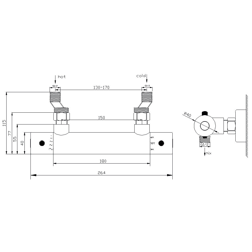 Maattekening Rio thermostatische douchemengkraan 15 cm mat zwart