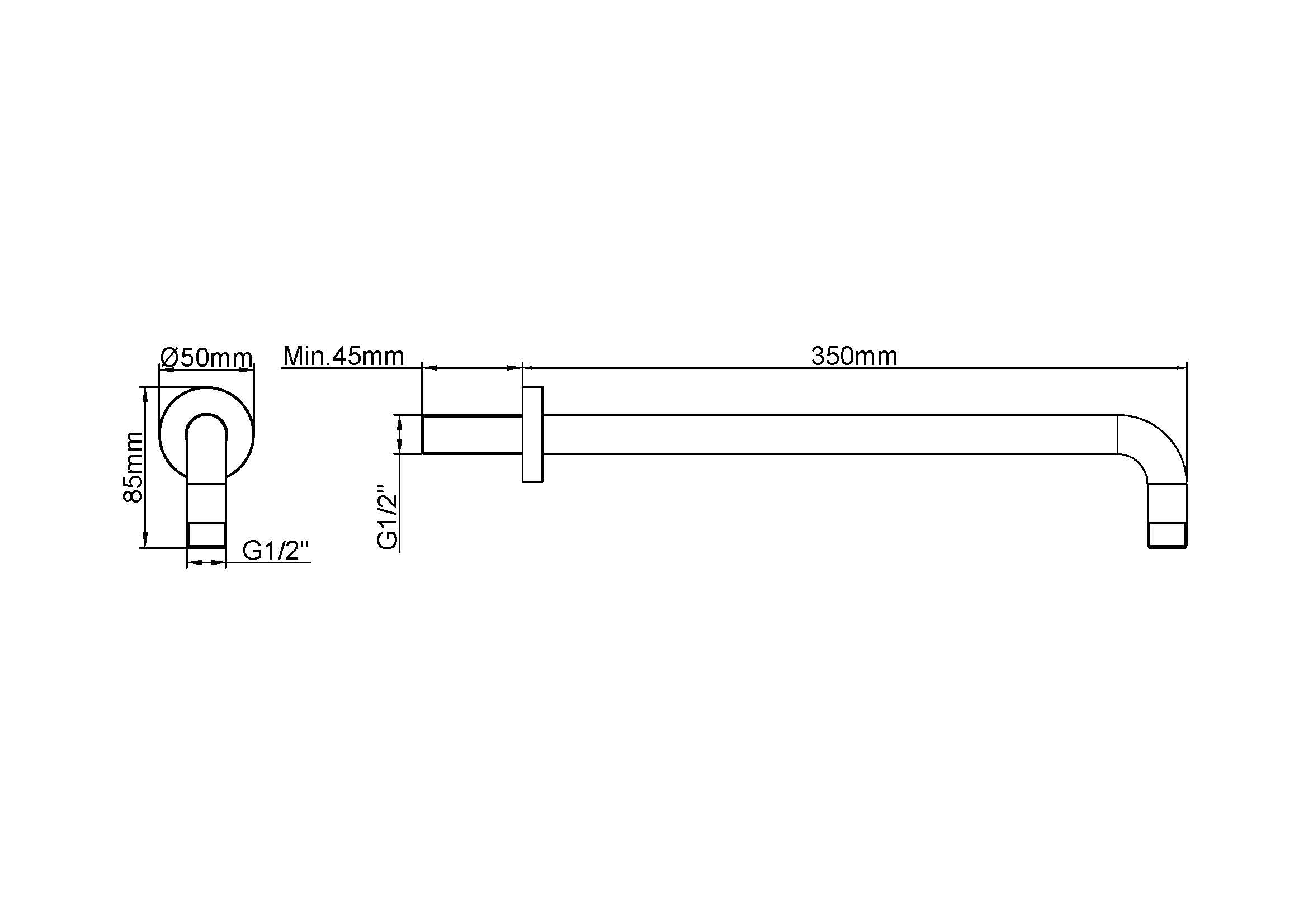 UniMatch douchearm met muurbevestiging 35 cm geborsteld koper maattekening – 35 cm | Dealplein