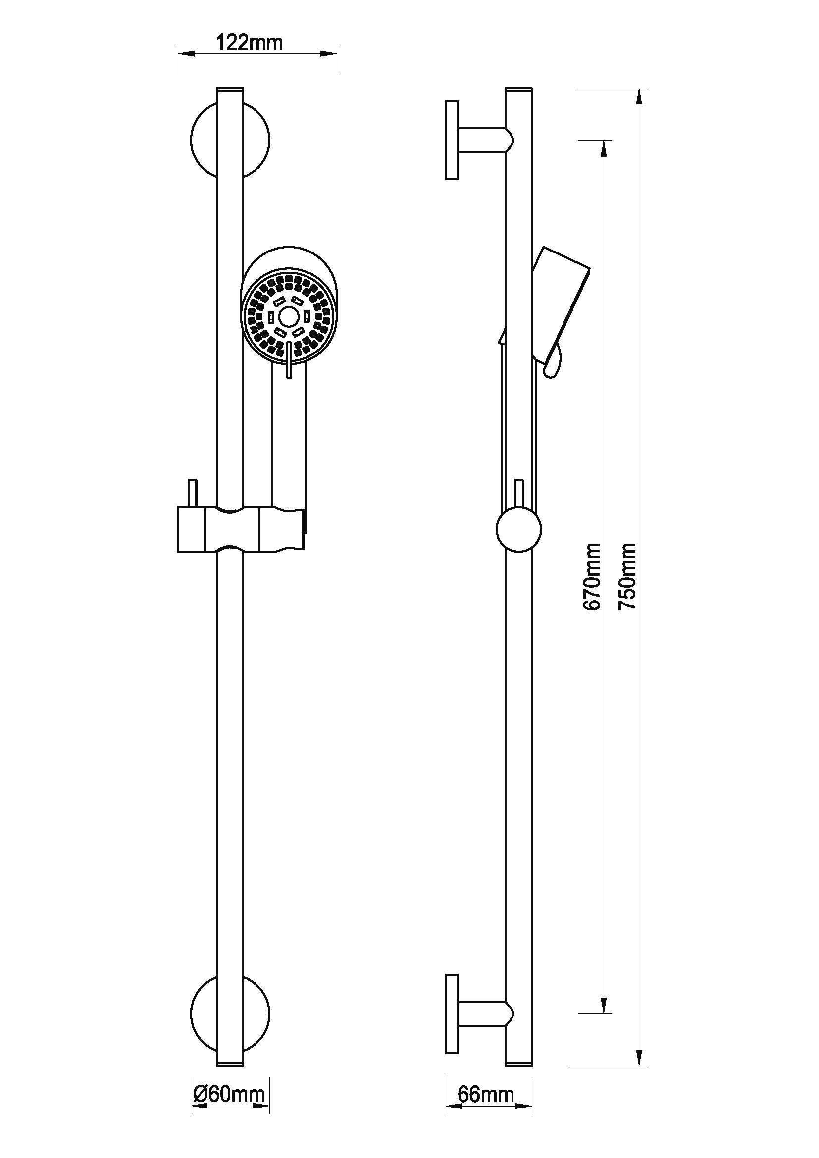 UniMatch Cadans glijstangset compleet met handdouche 3 standen Ø 8 cm geborsteld koper maattekening – 10 cm | Dealplein