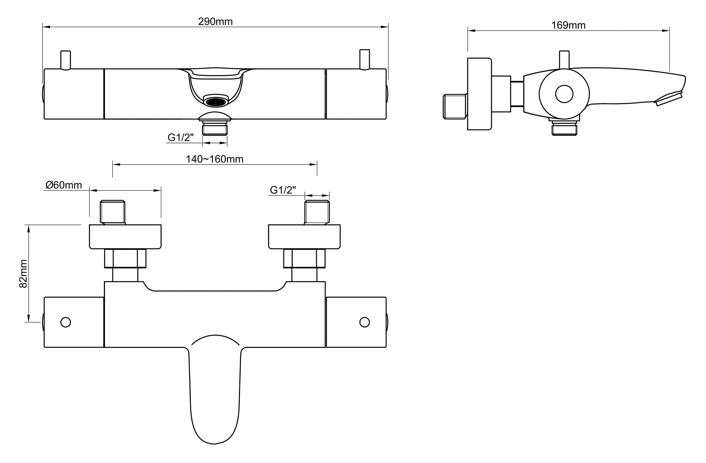 Caral thermostatische badmengkraan geborsteld brons koper PVD maattekening – afmetingen volgens maattekening | Dealplein