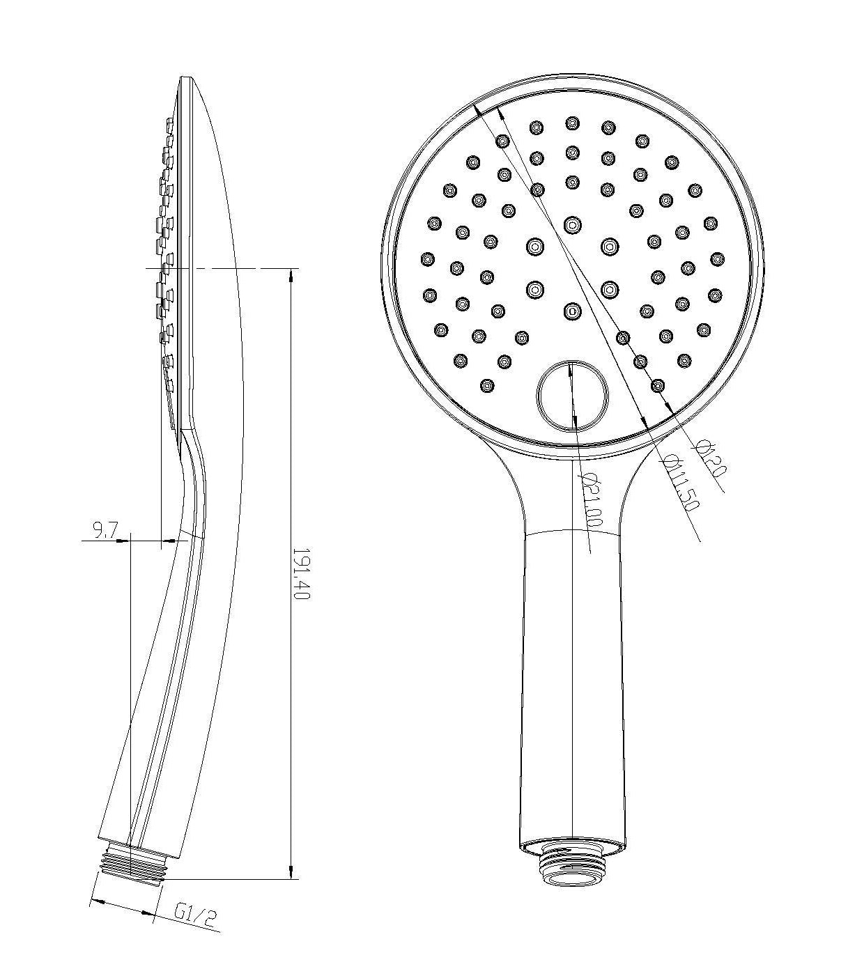 Maattekening Wiesbaden UniMatch handdouche 3 standen Ø 12 cm gunmetal PVD