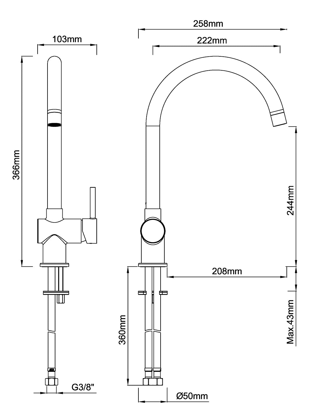 Caral keukenmengkraan gunmetal PVD maattekening – afmetingen volgens maattekening | Dealplein