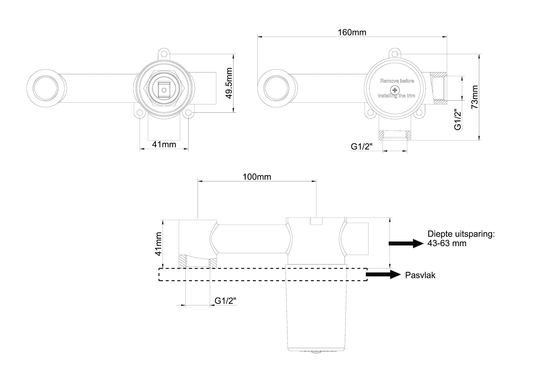 Caral inbouwdeel eenhendel wastafelkraan met coldstart maattekening – afmetingen volgens maattekening | Dealplein