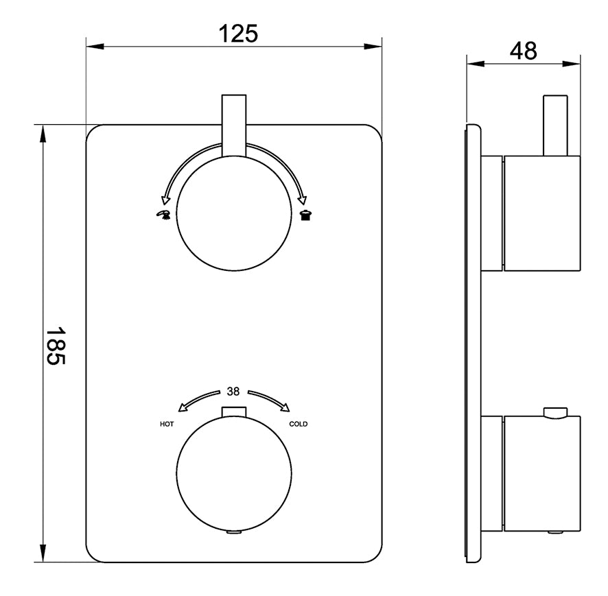 Maattekening Wiesbaden Caral afbouwdeel inbouwthermostaat 2 weg gunmetal PVD